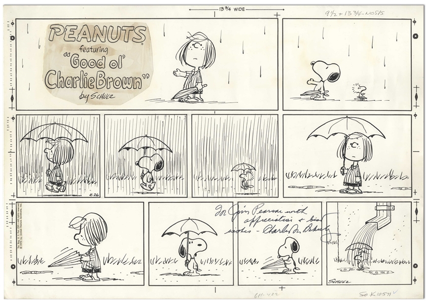 Charles Schulz Original Hand-Drawn Sunday ''Peanuts'' Comic Strip -- In This ''April Showers'' Strip, Woodstock Gets Drenched by a Rain Gutter